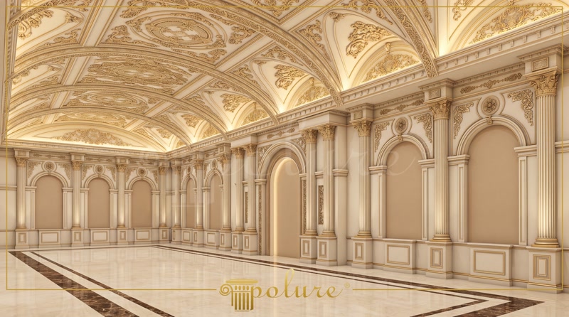 Decor interior clasic din poliuretan cu arcuri decorative, coloane și tavan boltit în salon de nuntă