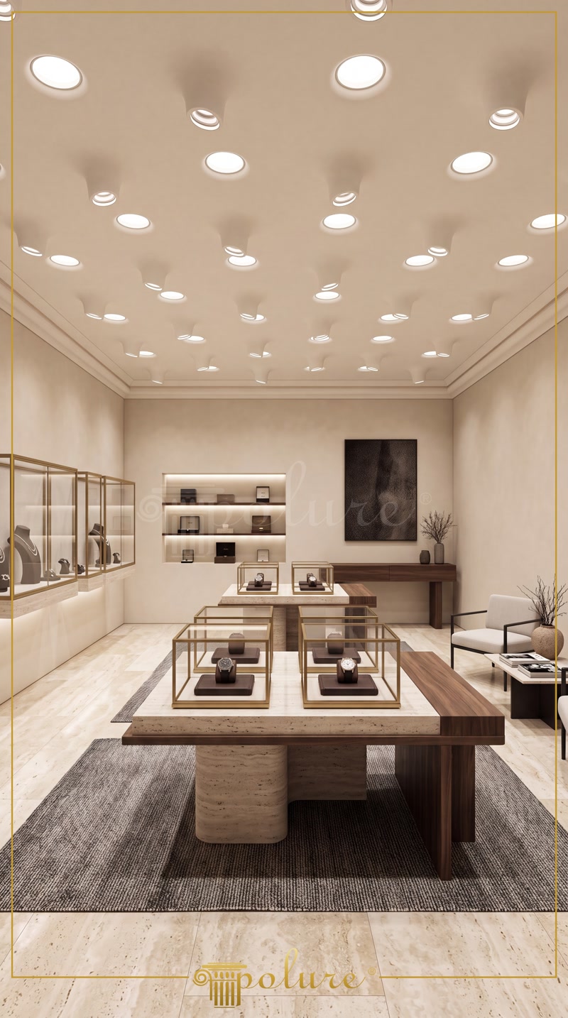 Tavan modern cu profile din poliuretan P81376 și elemente PA501 PA502 pentru iluminat încastrat într-un spațiu comercial.