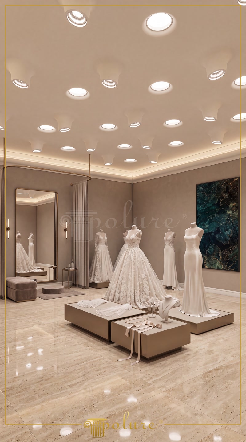 Plafon modern cu suporturi din poliuretan pentru spoturi încastrate și scafă cu iluminat LED indirect în showroom.
