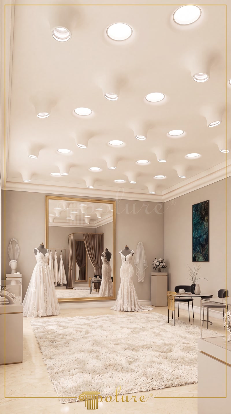 Tavan sculptat modern cu corpuri din poliuretan incastrate PA501 și PA502 pentru iluminat ambiental în showroom