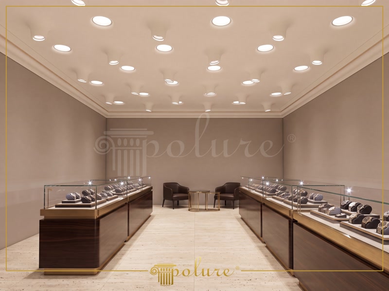 Plafon modern cu profiluri din poliuretan P81376, PA501 și PA502 pentru iluminat integrat într-un magazin de lux.