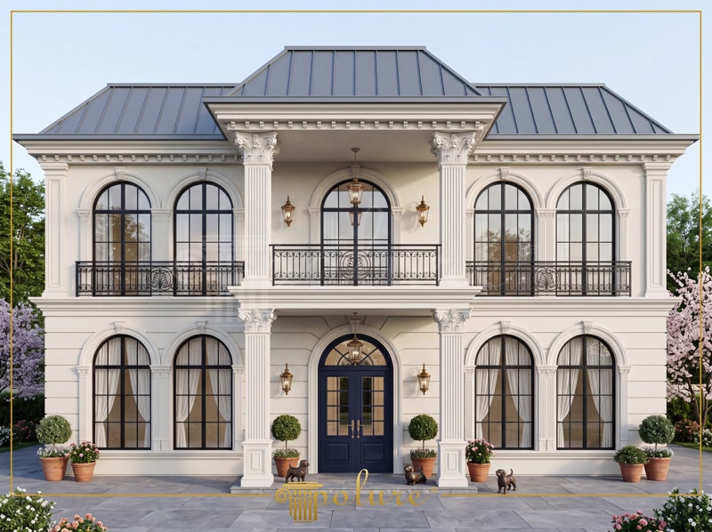Fațadă de vilă clasică decorată cu ancadramente curbate, pilaștri canelați din poliuretan și balcon cu balustradă.