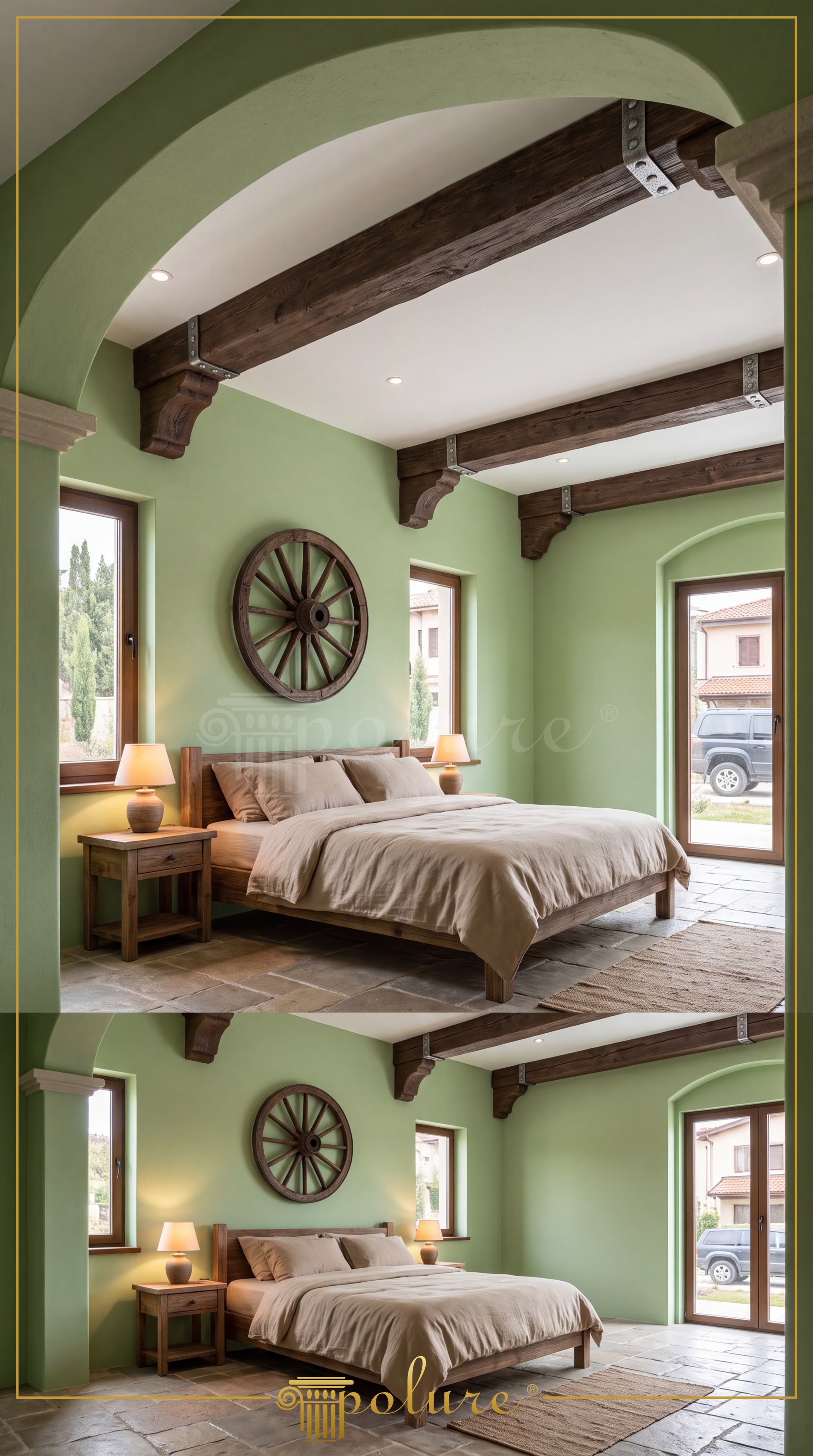 Dormitor rustic cu tavan înalt decorat cu grinzi din poliuretan P1981, fereastră circulară și șemineu din piatră.