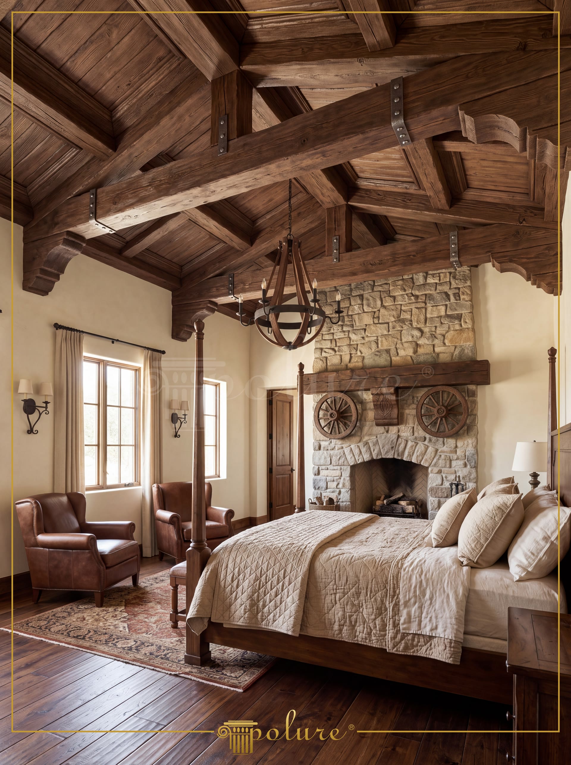 Dormitor rustic mansardat decorat cu grinzi decorative din poliuretan pe tavan înclinat și șemineu cald