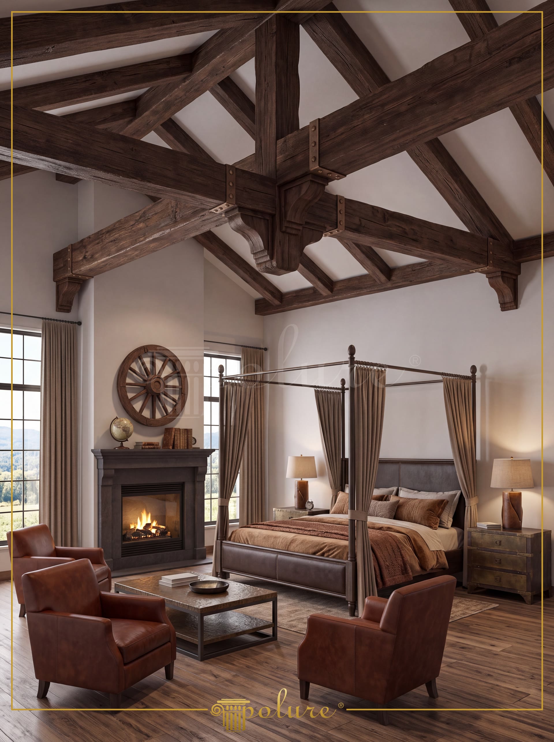 Tavan înalt rustic cu grinzi decorative din poliuretan P1981, șemineu din piatră și corp de iluminat suspendat