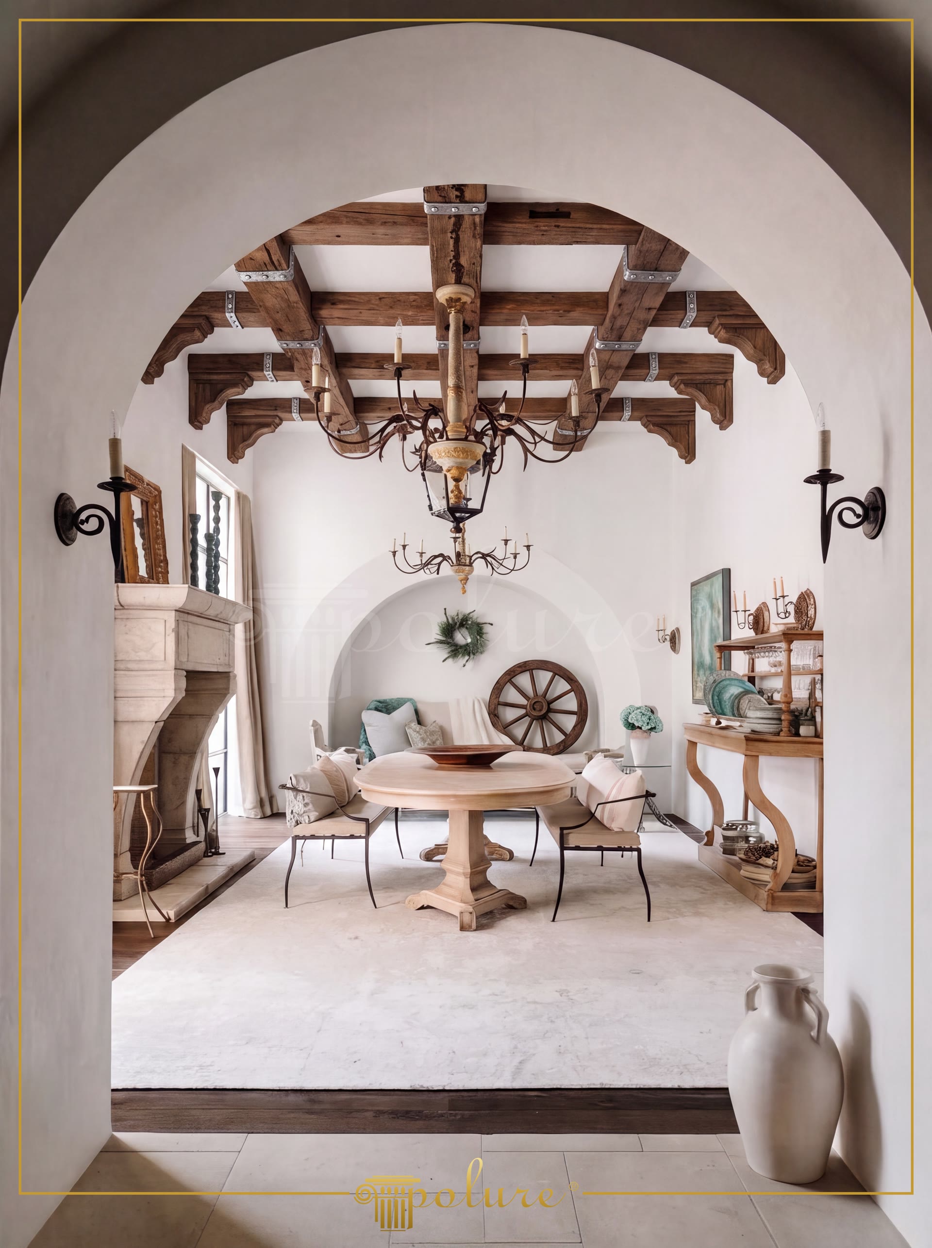Tavan rustic cu grinzi decorative din poliuretan P1981A, P1981B și P1981C într-o zonă de dining cu arcade albe.