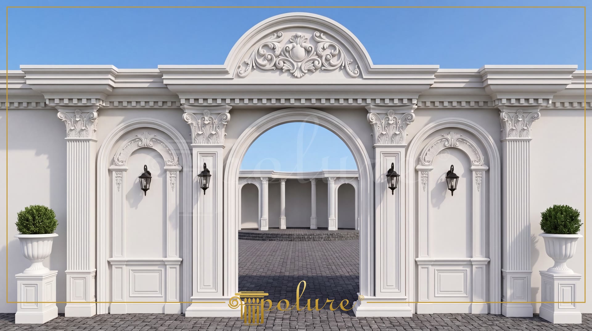 Portal exterior neoclasic realizat din pilatri simetrici și ancadramente arcuite din poliuretan pe fațadă albă