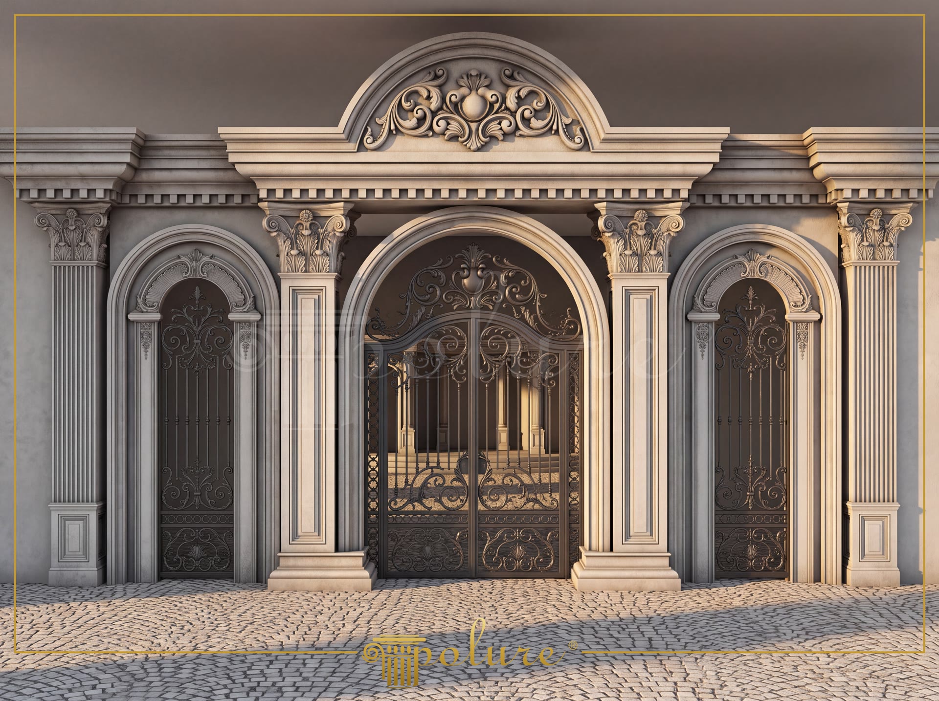 Portal exterior neo clasic cu arcadă centrală, pilaștri profilați și ornamente decorative din poliuretan.