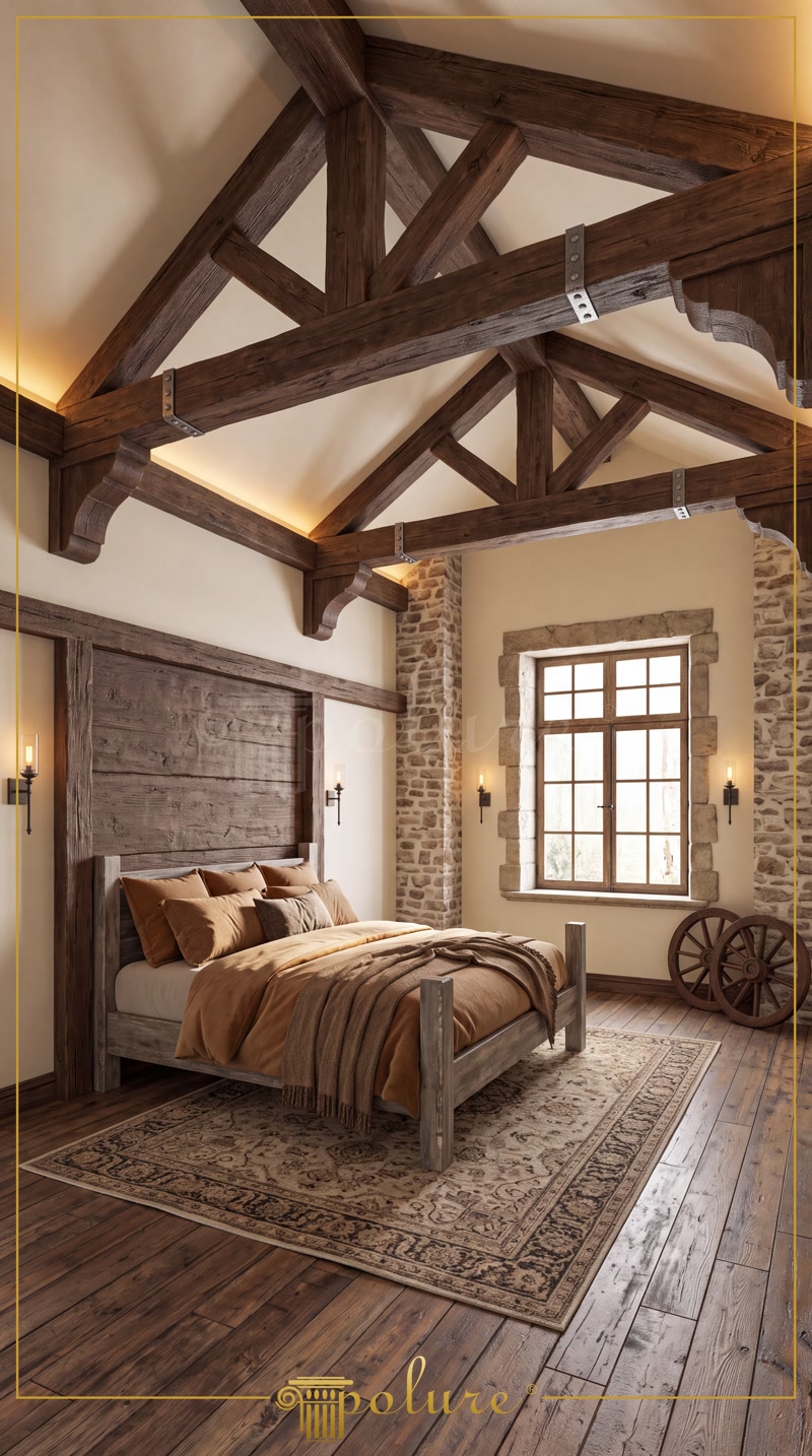 Dormitor rustic de mansardă decorat cu grinzi decorative din poliuretan pe tavan în unghi și șemineu din piatră.