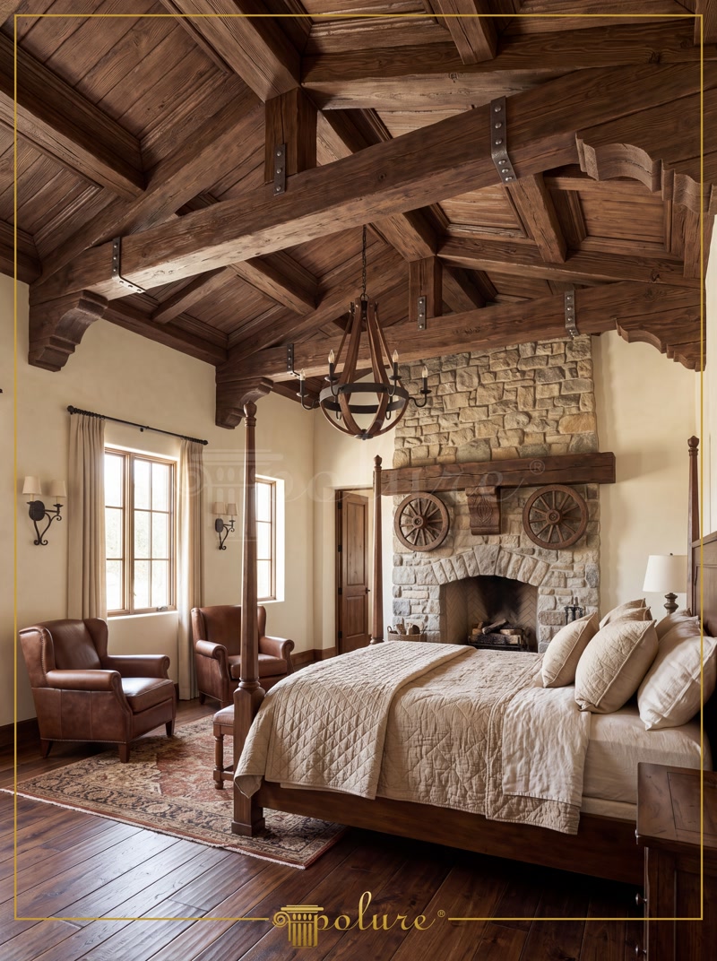 Dormitor rustic mansardat decorat cu grinzi decorative din poliuretan pe tavan înclinat și șemineu cald