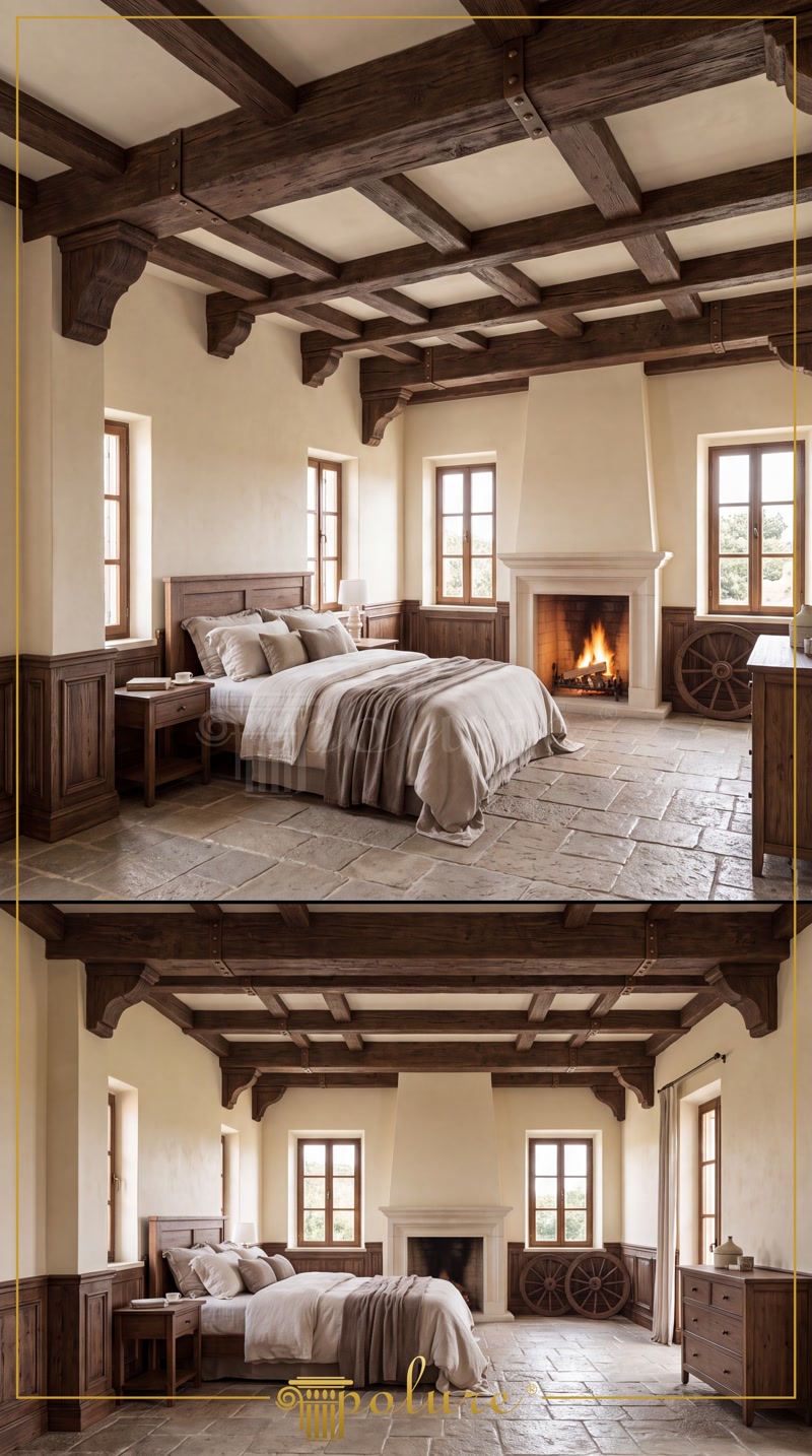 Dormitor rustic de lux cu tavan înalt decorat cu grinzi din poliuretan, șemineu sculptat și iluminat cald.
