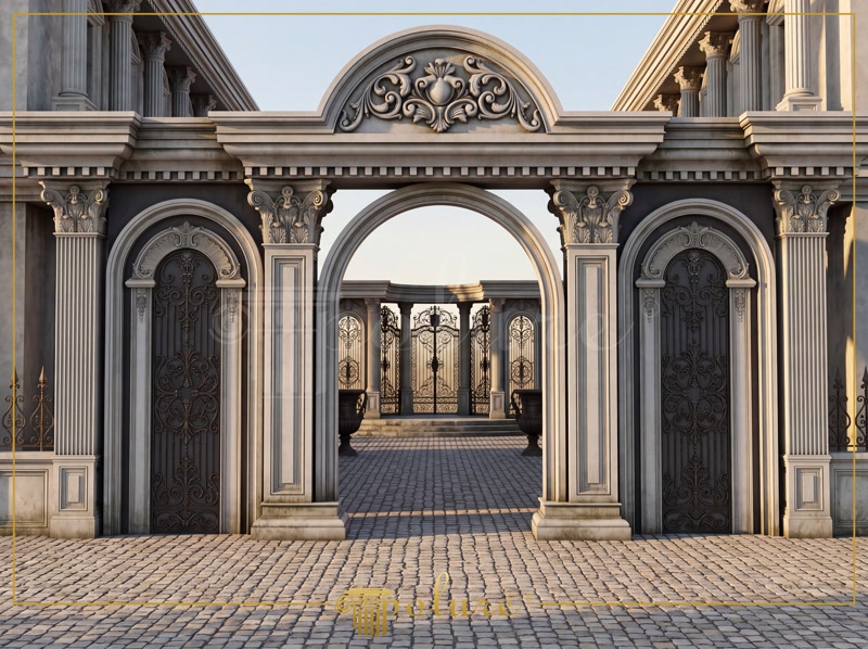 Portal monumental de intrare neoclasic realizat din pilatri de poliuretan, arcade centrale și frontoane decorative.