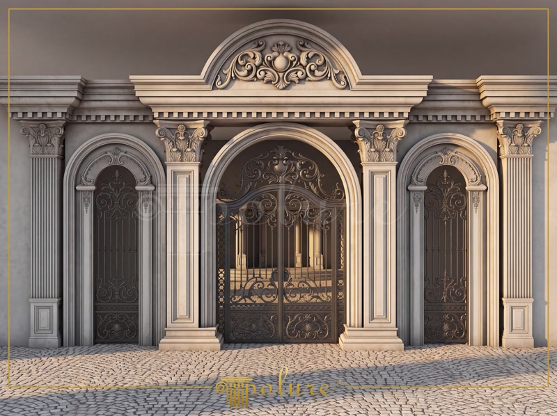 Portal exterior neo clasic cu arcadă centrală, pilaștri profilați și ornamente decorative din poliuretan.