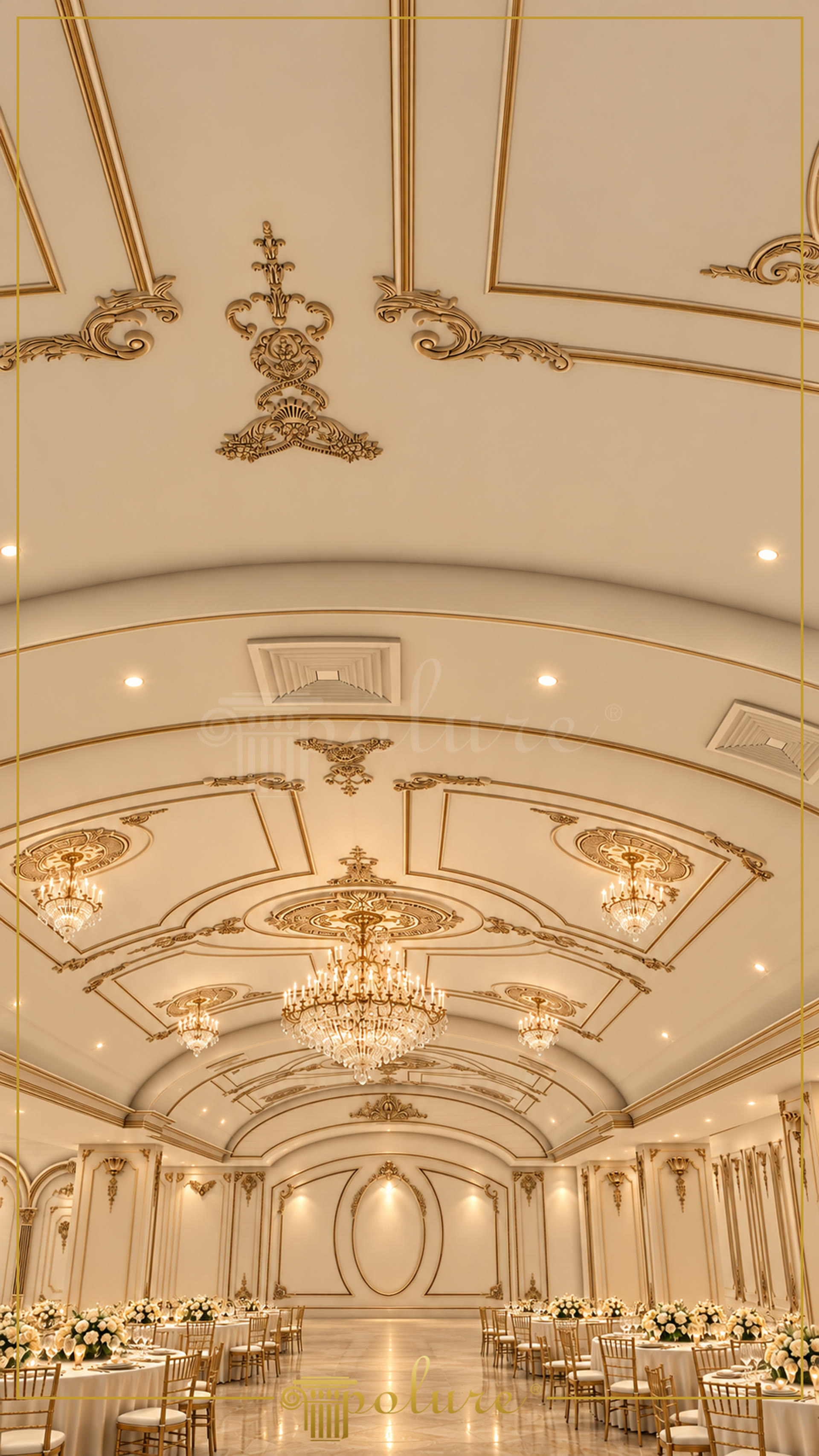 Tavan crem cu profile din poliuretan, rame aurii, medalioane decorative și candelabre într-un salon de evenimente