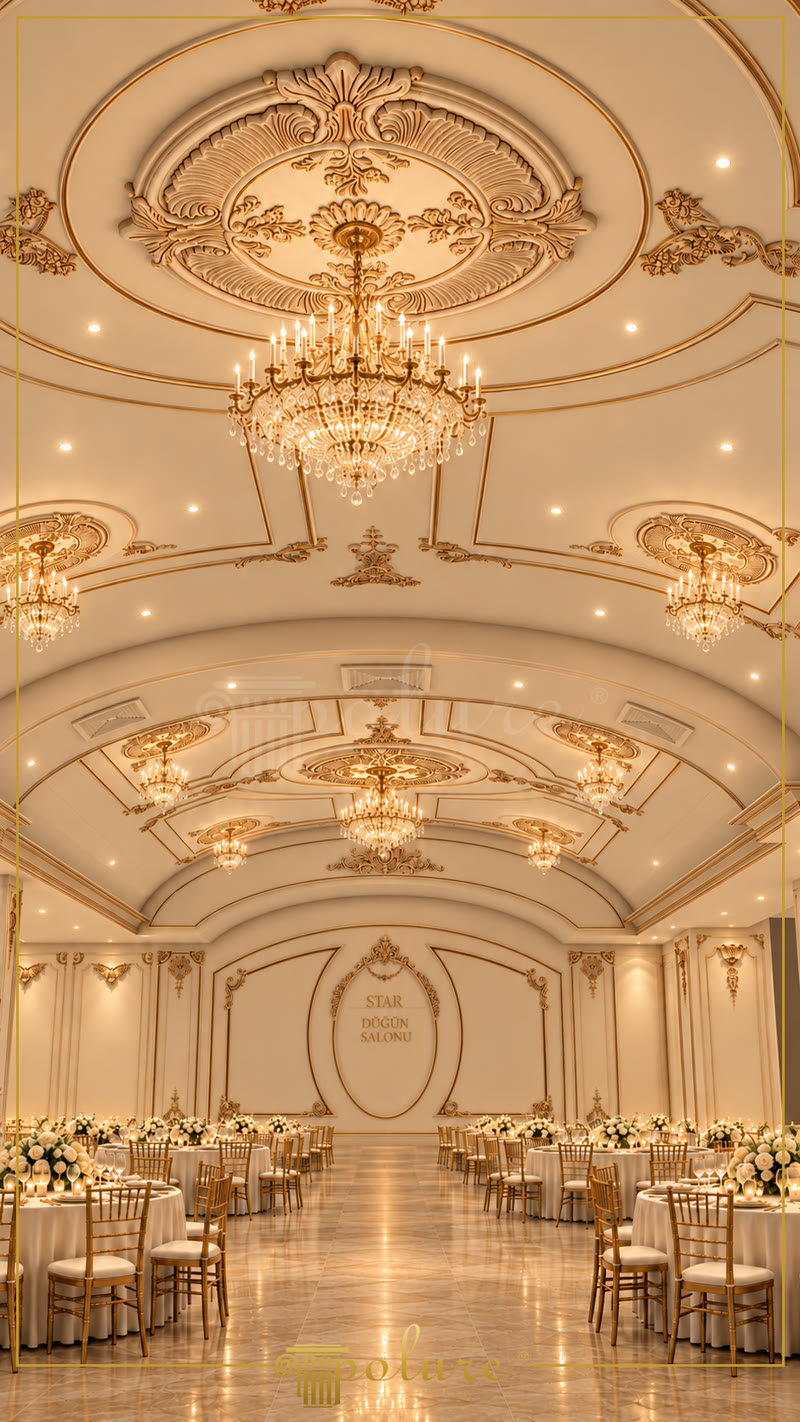 Salon de nuntă clasic cu tavan boltit crem, rozete ornamentale aurii, cornișe profilate și candelabre din cristal