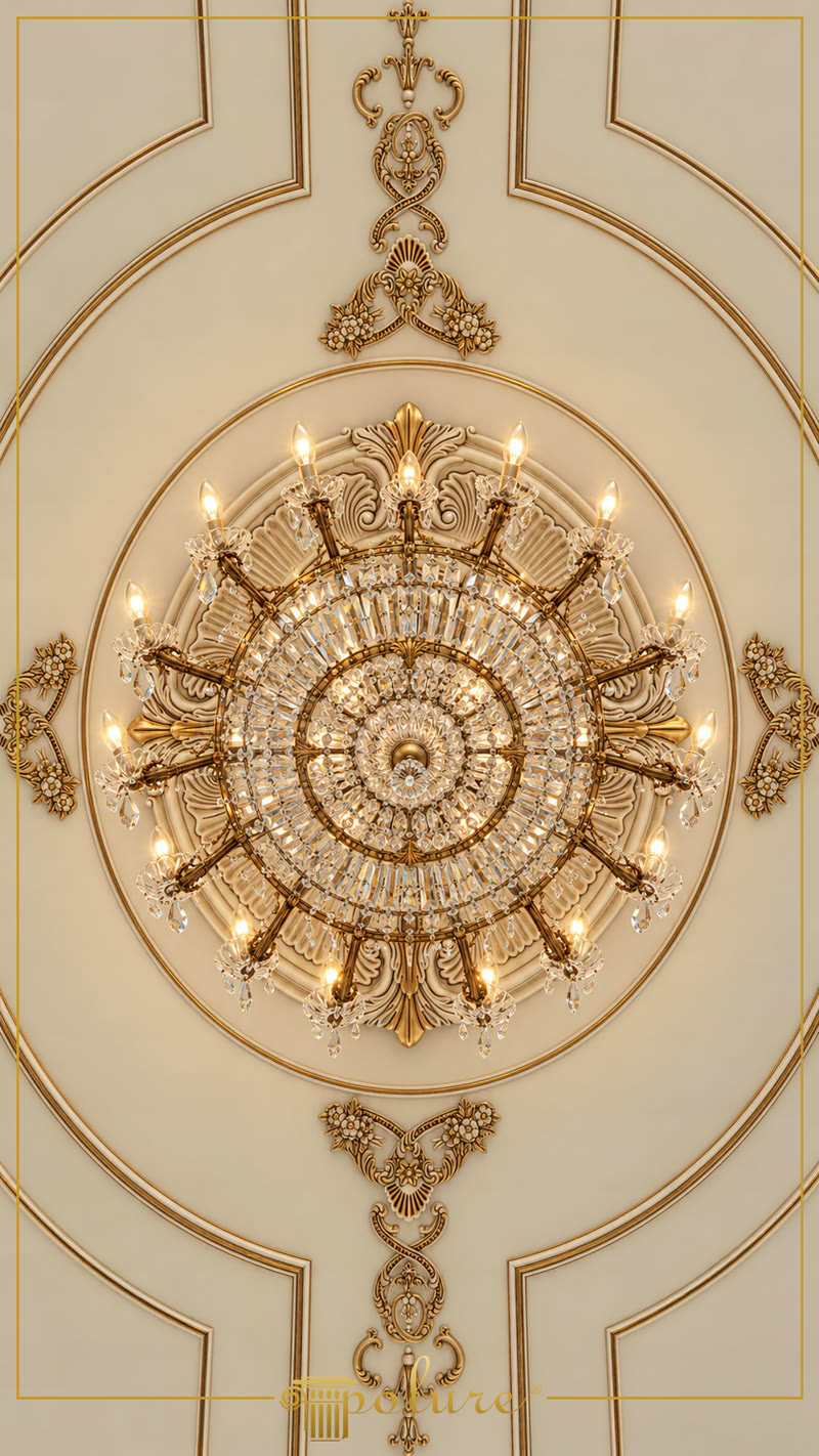 Rozetă de tavan din poliuretan cu ornamente aurii și candelabru cu cristale într-un salon clasic