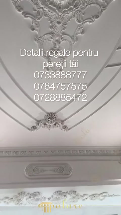 Tavan decorat cu profile arcuite, rozete și cornișă perimetrală