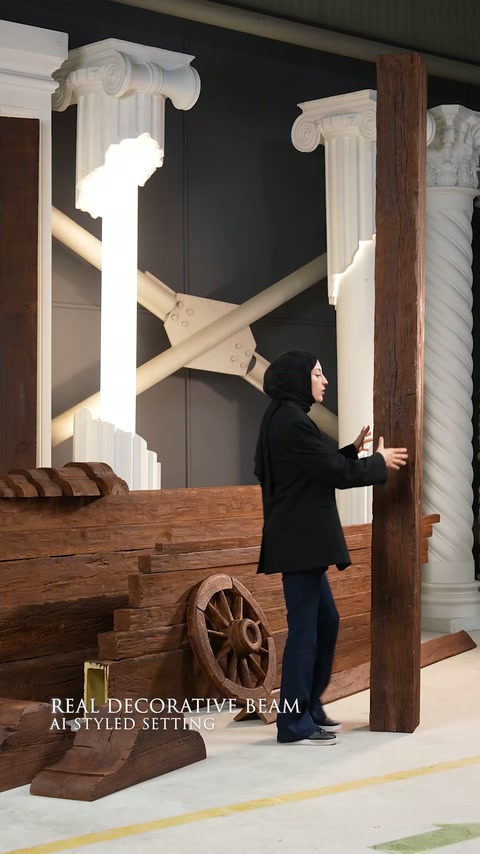 Grindă decorativă verticală, prezentată între alte profile în spațiul expozițional.