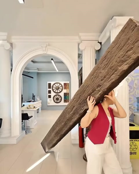 Bărbat cară o grindă lungă pe lângă un ancadrament decorativ