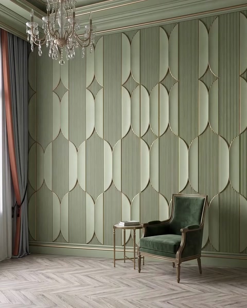 Perete verde cu panouri poliuretan ovale în living modern elegant