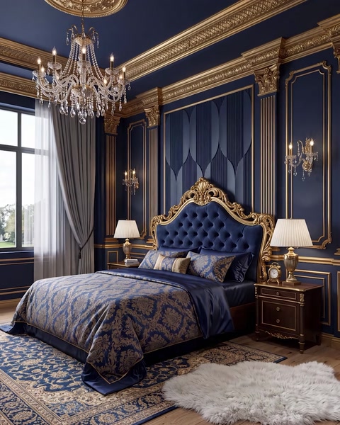 Dormitor elegant cu panouri capitonate bleumarin și pat auriu