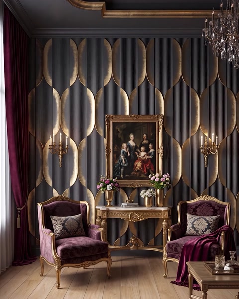 Perete gri cu panouri aurii, tablou clasic și aplice decorative