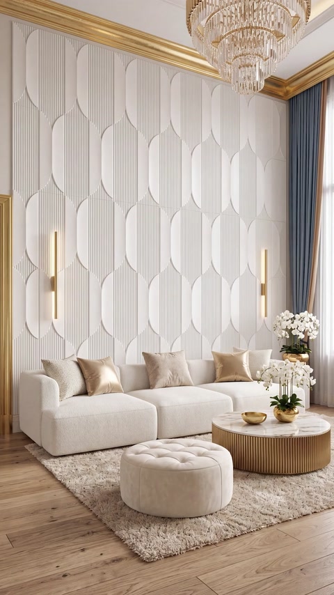 Panouri albe formează un fundal geometric într-un living luminos.