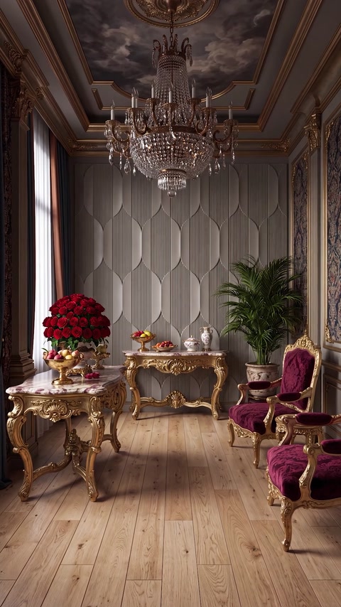 Panourile gri completează un salon clasic cu mobilier ornamental.