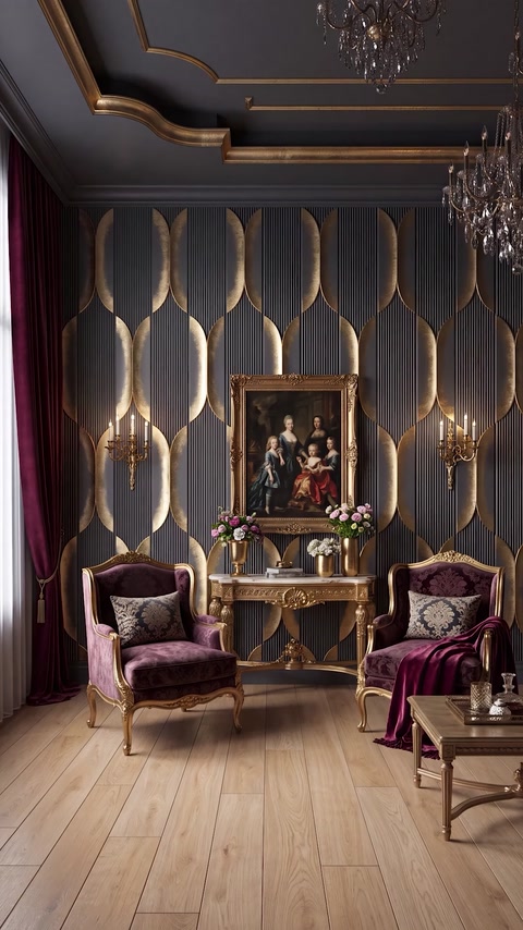 Finisajele aurii accentuează panourile închise din zona consolei decorative.