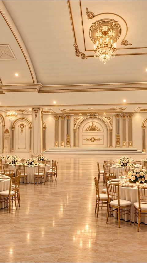 Sală festivă cu plafon perimetral și scenă bogat decorată