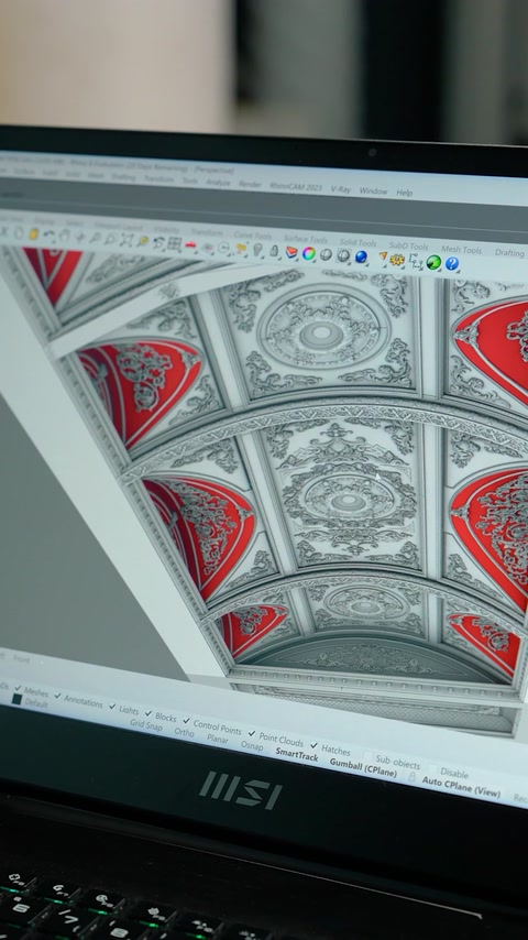 Proiectarea computerizată arată panourile decorative dispuse pe tavan.