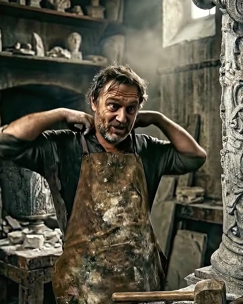 Meșterul își șterge fruntea după munca de sculptură.