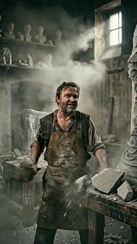 Artizanul lucrează într-un atelier tradițional, lângă o coloană sculptată