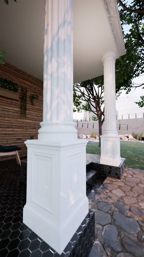 Bază pătrată ornamentată la intrarea pergolei cu coloane albe
