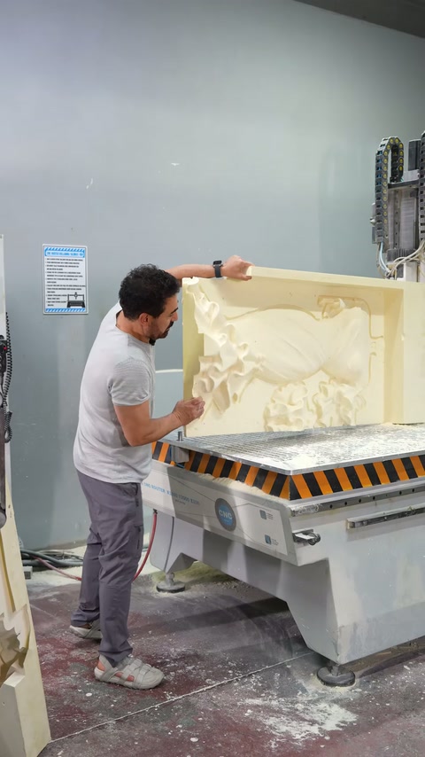 Panoul decorativ sculptat este ridicat de operator de pe masa utilajului.