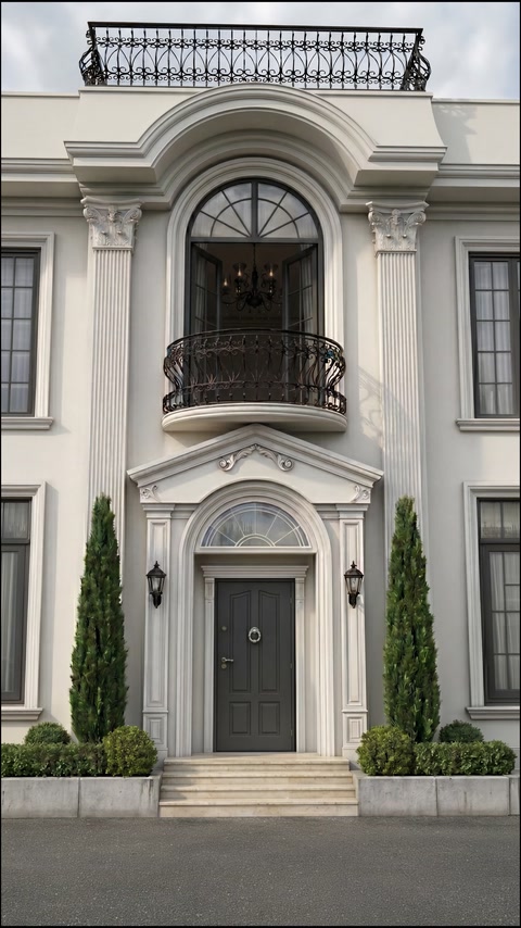 Intrare monumentală cu ancadrament arcuit, coloane și fronton decorativ.