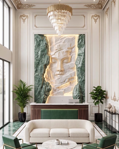 Panou decorativ retroiluminat montat în living modern elegant.