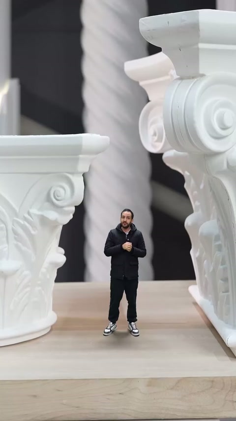 O siluetă redusă demonstrează proporțiile dintre coloane și capiteluri ornamentate.