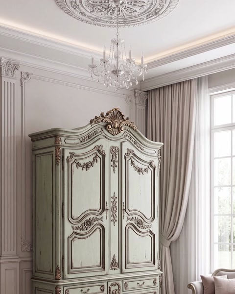 Interior elegant cu rozete, profile de tavan și mobilier clasic
