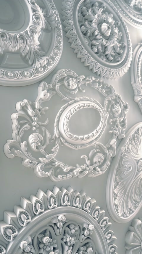 Detalii vegetale în relief pe mai multe rozete decorative albe.
