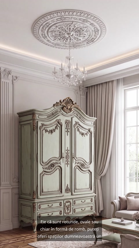 Interior clasic cu rozetă decorativă amplasată pe tavanul camerei.