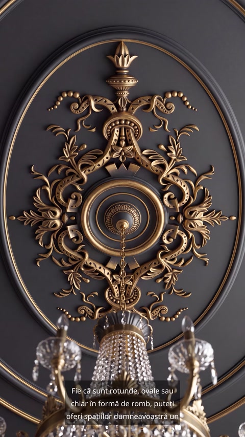 Rozetă circulară aurie integrată într-un decor elaborat de tavan.