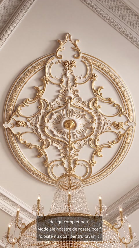 Rozetă rotundă alb-aurie încadrând elegant punctul central al candelabrului.