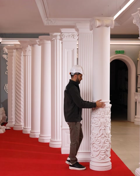 Bărbat susține o coloană cu capitel decorativ complex
