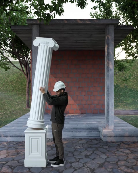 Coloana albă este așezată atent peste baza decorativă.