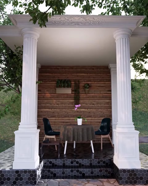 Terasa finisată combină coloanele, bazele și elementul superior.