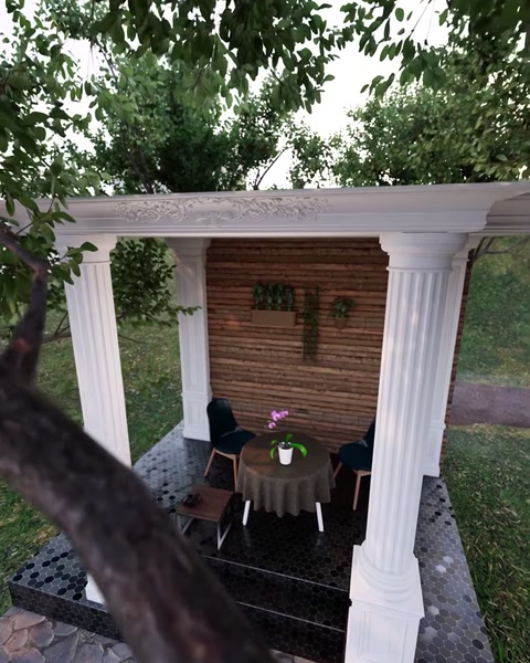 Perspectiva laterală arată cadrul decorativ complet al terasei.