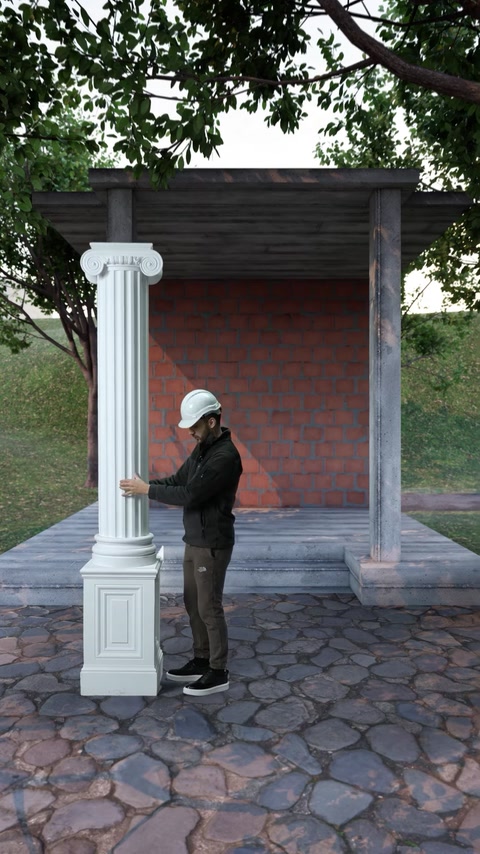 Fusul canelat este ridicat vertical deasupra soclului decorativ.
