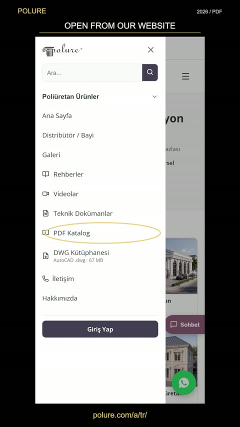 Meniul mobil deschis indică opțiunea pentru catalogul PDF.