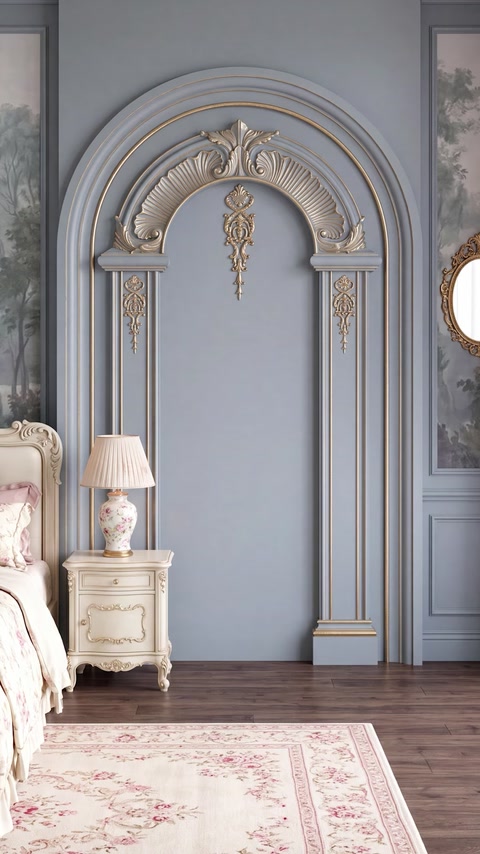 Amenajare interioară finală cu profile clasice și accente decorative aurii
